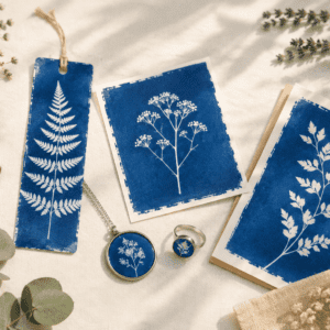 Créations réalisées en cyanotype : marque-page, carte et bijou avec empreintes végétales bleues lors d’un atelier créatif à Jougne.