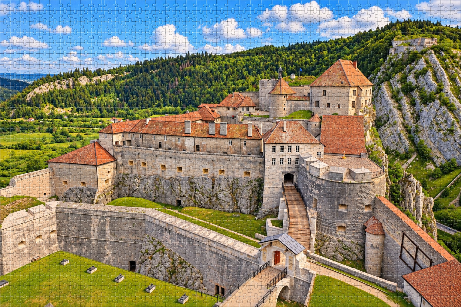 Puzzle 2000 pièces Château de Joux terminé avec pièces visibles – Haut-Doubs