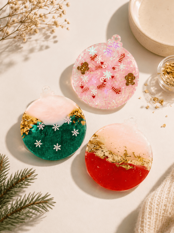 Trois boules de Noël personnalisées en résine UV lors d’un atelier créatif à Mouthe avec L’Épicurieuse