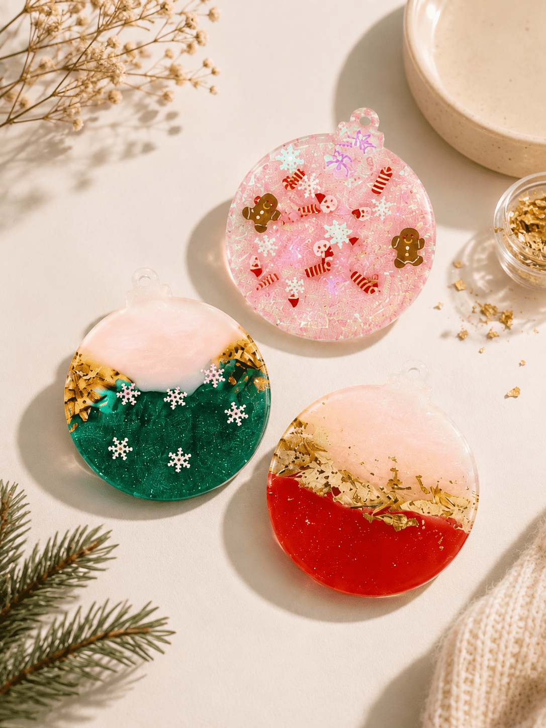 Trois boules de Noël personnalisées en résine UV lors d’un atelier créatif à Mouthe avec L’Épicurieuse