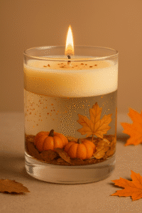Bougie automnale décorée de petites citrouilles et feuilles.