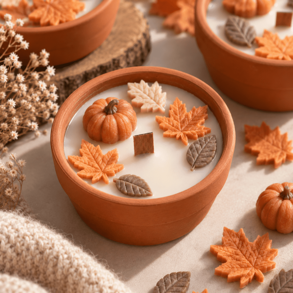 Bougie d’automne en pot de terre cuite avec mèche en bois et décors en cire