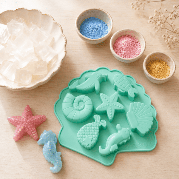 Atelier créatif de fabrication de savons à l’aloe vera avec moules marins, pigments colorés et fragrances estivales chez L’Épicurieuse.