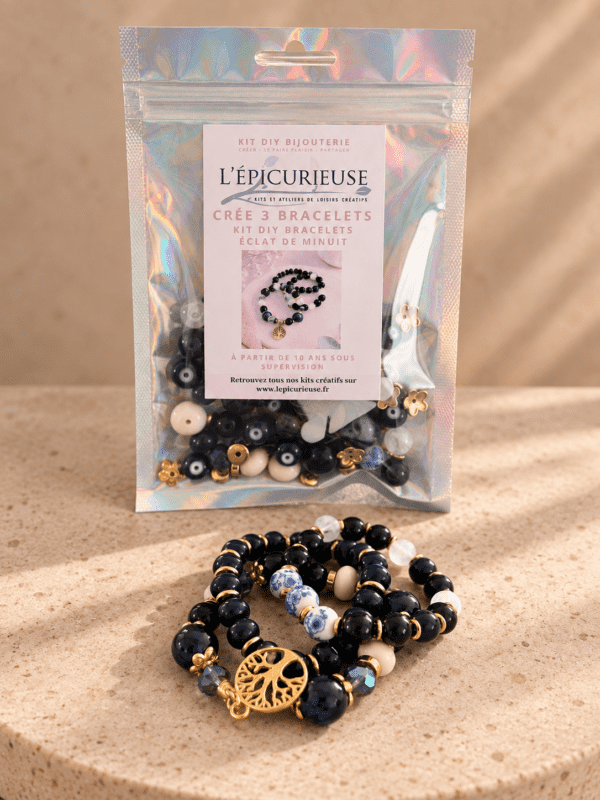 Kit DIY Éclat de Minuit pour créer 3 bracelets en perles avec Arbre de Vie doré