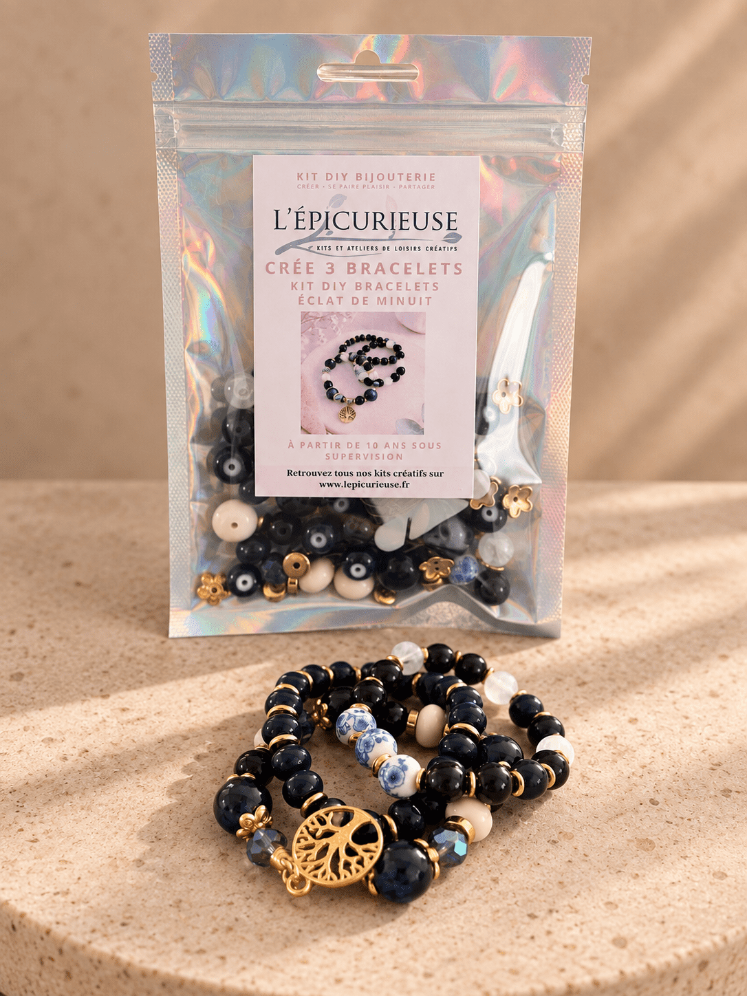 Kit DIY Éclat de Minuit pour créer 3 bracelets en perles avec Arbre de Vie doré