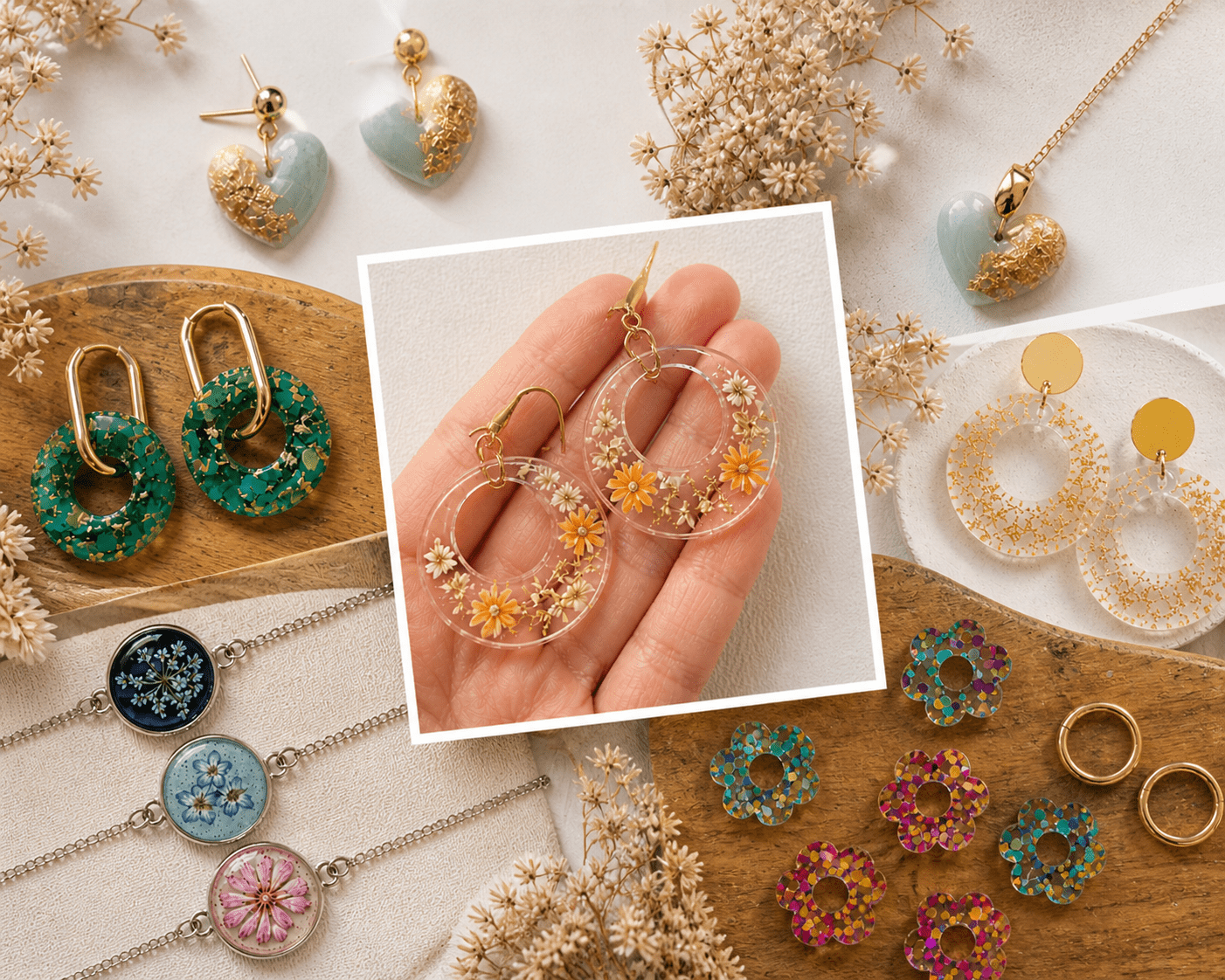 Bijoux en résine avec fleurs séchées et feuilles d’or réalisés lors d’un atelier créatif