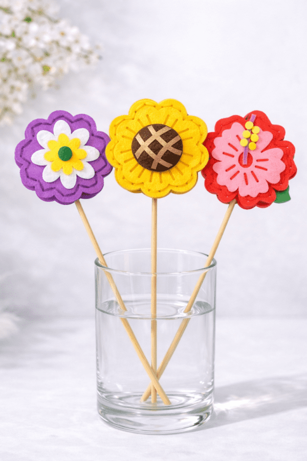 Décoration florale en feutrine réalisée avec le kit La Clairière Fleurie