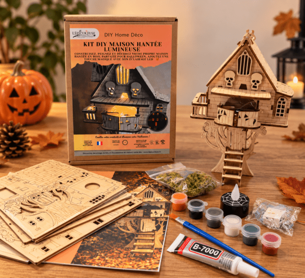 Contenu du kit DIY maison hantée lumineuse avec pièces en bois, peintures, colle, mousse et LED
