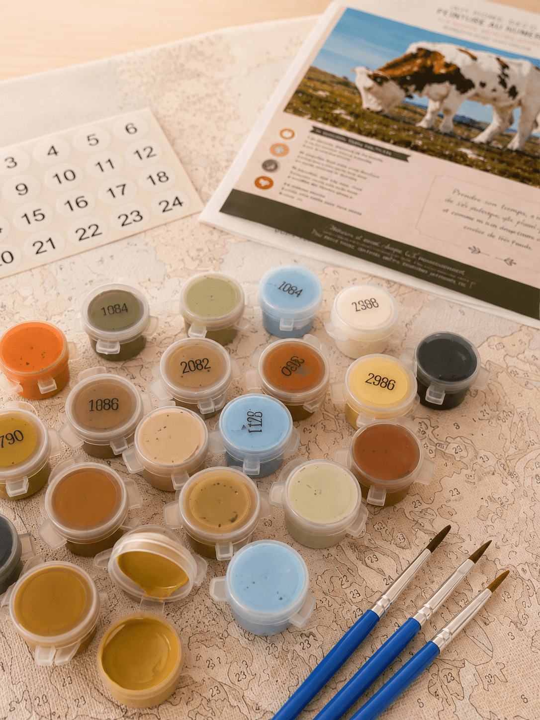 Pots de peinture acrylique et pinceaux du kit peinture au numéro Montbéliarde