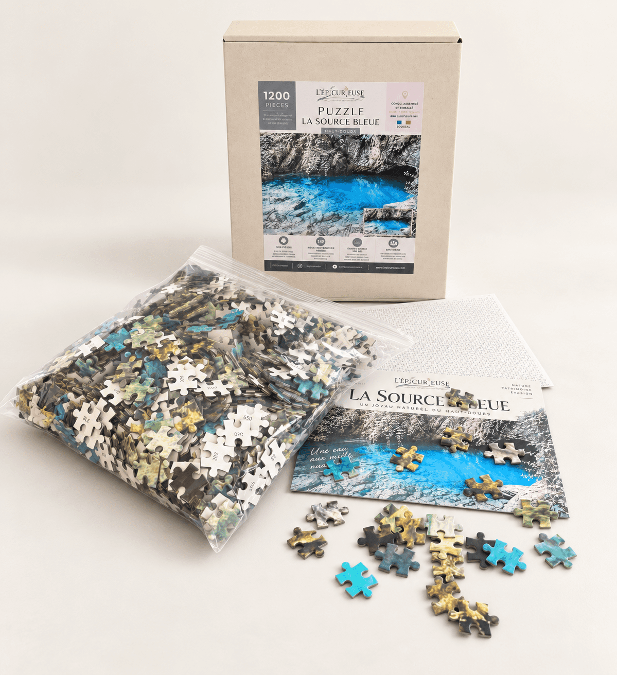 Puzzle La Source Bleue 1200 pièces avec boîte, pièces et fiche découverte du Haut-Doubs