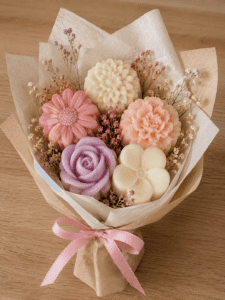Enfant réalisant un bouquet de fondants parfumés en forme de fleurs lors d’un atelier créatif organisé par L’Épicurieuse.