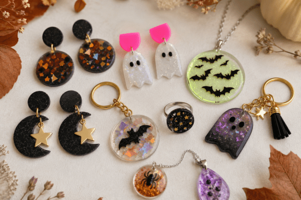 Bijoux et accessoires en résine UV sur le thème Halloween et automne