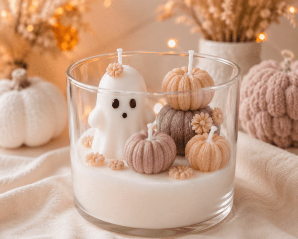 Bougie Halloween avec fantôme et citrouilles en cire – atelier enfant L’Épicurieuse