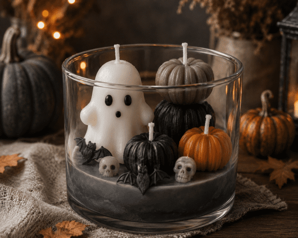 Atelier de création d’une bougie Halloween avec fantôme et citrouilles