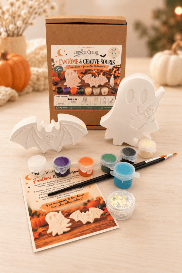 Kit créatif Halloween enfant avec fantôme et chauve-souris en plâtre à peindre