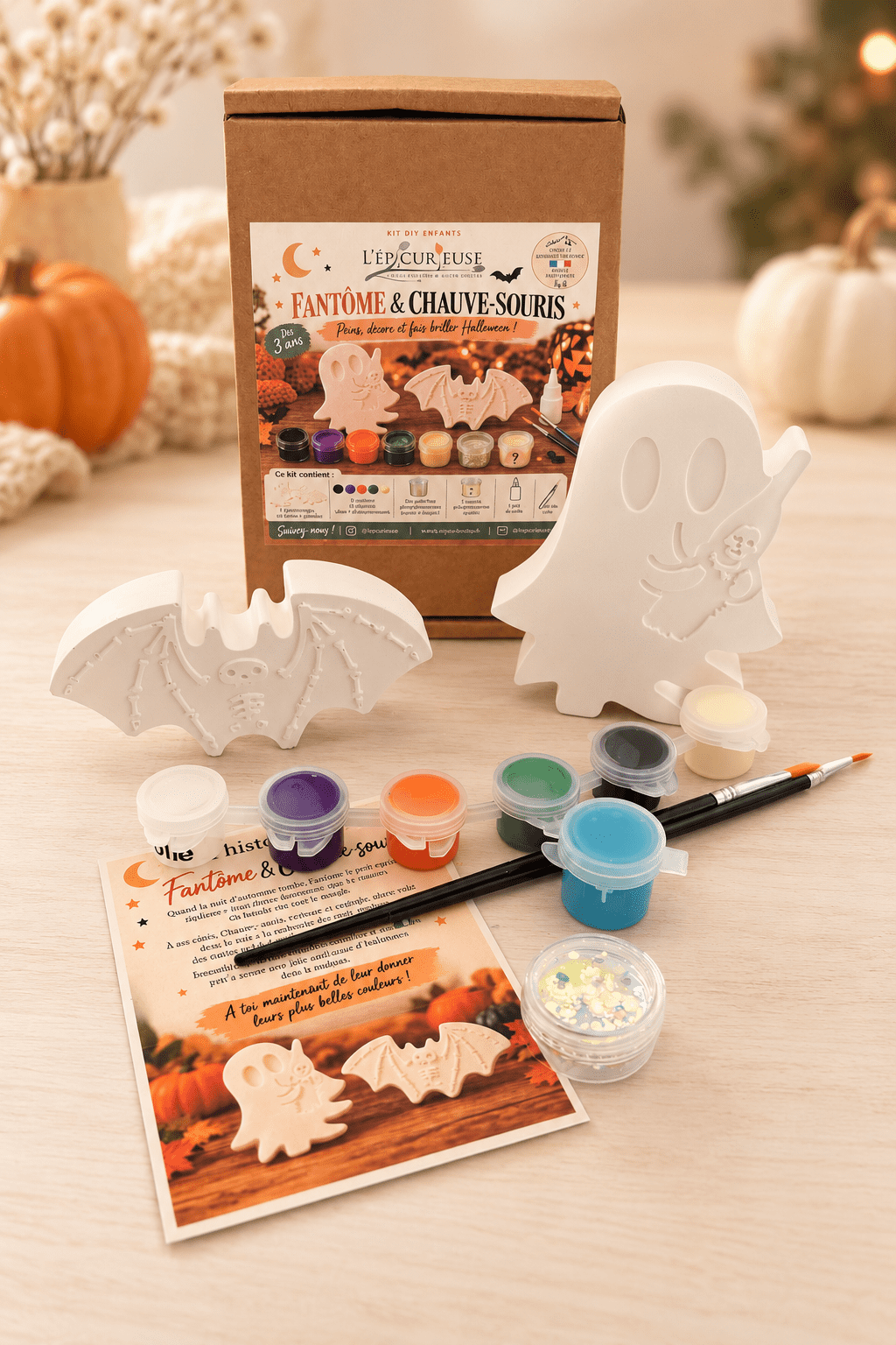 Kit créatif Halloween enfant avec fantôme et chauve-souris en plâtre à peindre