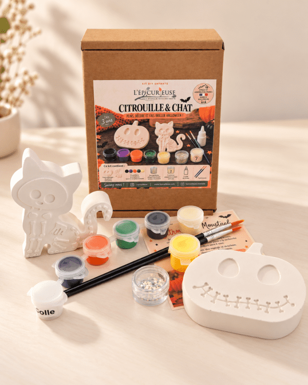 Kit Halloween Citrouille et Chat en plâtre avec peintures, pinceaux et paillettes