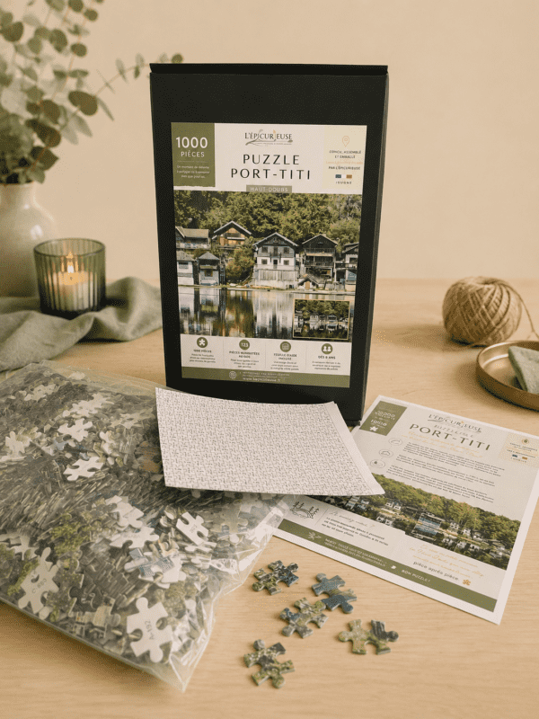 Puzzle 1000 pièces représentant Port-Titi dans le Haut-Doubs avec les chalets et leurs reflets sur le lac