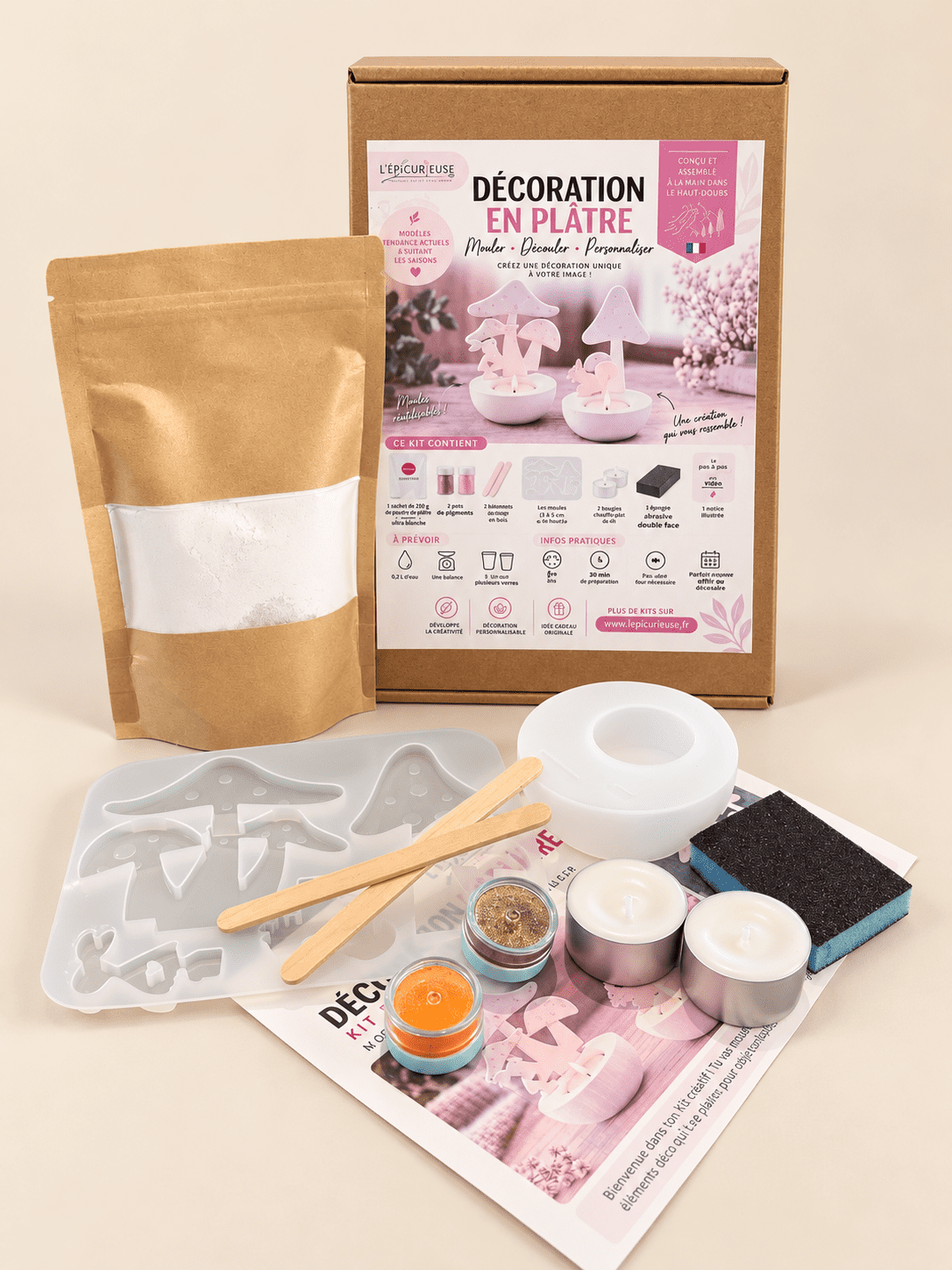 Contenu kit DIY Raysin 200 avec moule, plâtre, mica et accessoires