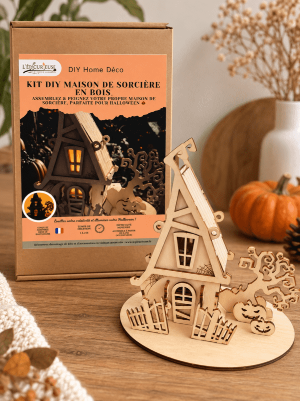 Contenu du kit DIY maison de sorcière avec pièces en bois, peintures, pinceaux, colle et notice