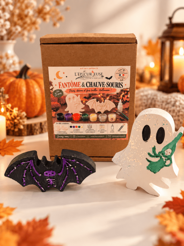 Fantôme et chauve-souris en plâtre peints avec peinture et paillettes Halloween