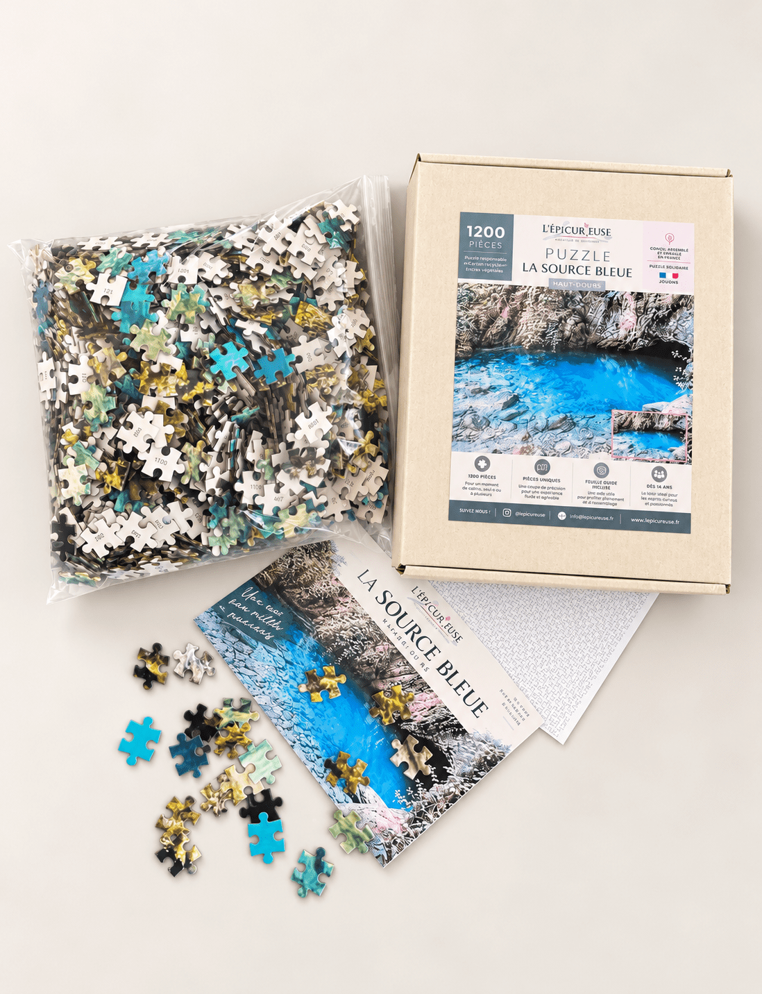 Contenu du puzzle La Source Bleue avec sachet de pièces, boîte et fiche illustrée