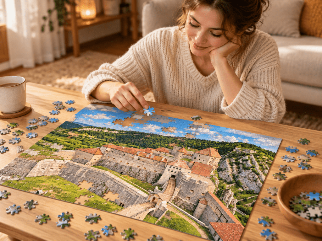Personne réalisant le puzzle Château de Joux 2000 pièces sur une table dans une ambiance chaleureuse