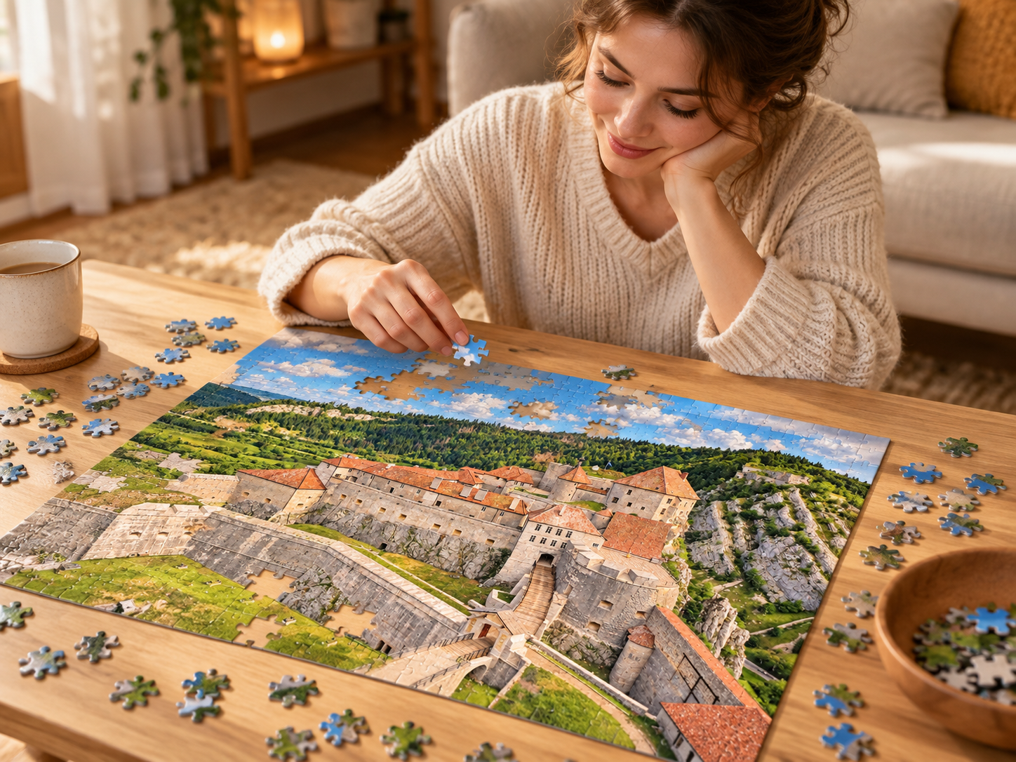 Personne réalisant le puzzle Château de Joux 2000 pièces sur une table dans une ambiance chaleureuse
