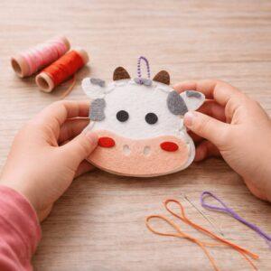 Enfant réalisant un sujet vache en feutrine lors d’un atelier créatif à Jougne